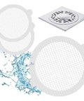 10pcs Shower Drain Hair Catcher Mesh Stickers, Square with round mesh designs and water splash, ideal for various drains.