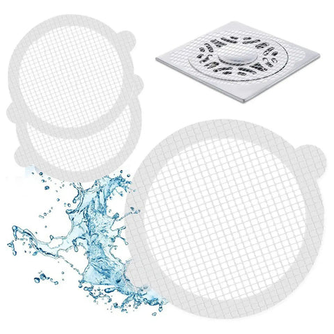 10pcs Hair Catcher for Shower Drain, Four Ears Round, white mesh drain covers near water splashes.