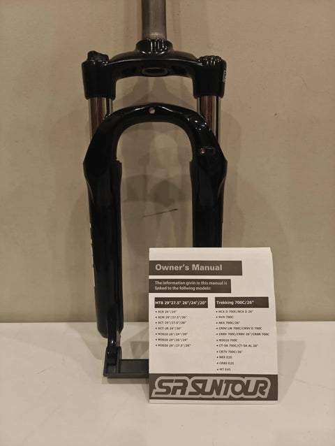 20 Inch Suspension Fork With Coil Spring And Preload, 63mm Travel, Disc Brake Ready, shown with owner's manual