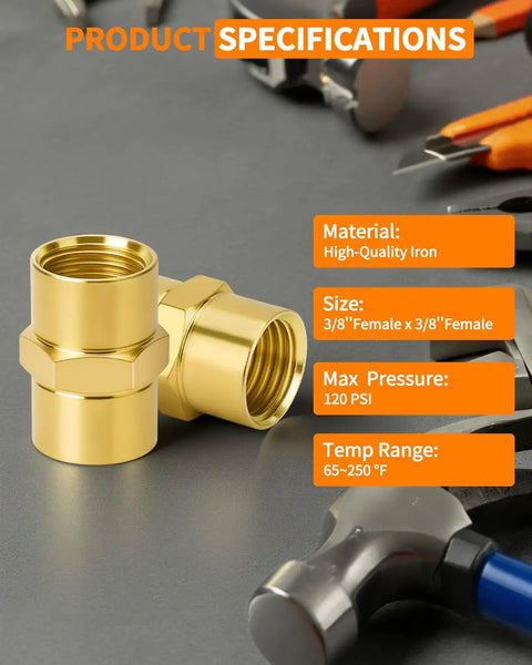 Heavy Duty Knockout Pack 1/4 NPT Coupler Female To Female Hex Pipe Fitting Premium Iron Corrosion Resistant connector showing specs.