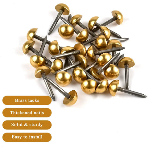Top Shelf Solid Brass Tacks For Furniture Fixes Killer Retro Upholstery Nails straight up rust proof heads, pack of 30 tacks.