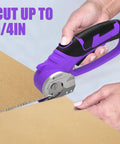 Heavy Duty Cordless Electric Scissors 4V Rechargeable Rotary Cutter cutting through cardboard with smooth precision.