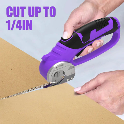 Heavy Duty Cordless Electric Scissors 4V Rechargeable Rotary Cutter cutting through cardboard with smooth precision.