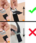 Car Seat Dolly for Airport, black — instructional collage showing correct strap threading to secure a car seat.