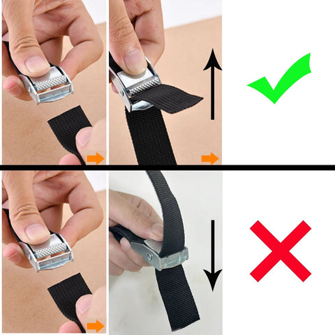 Car Seat Dolly for Airport, black — instructional collage showing correct strap threading to secure a car seat.