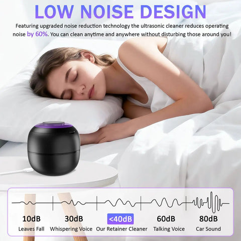 Pro Grade Deep Clean Ultrasonic Dental Cleaner 45kHz near sleeping woman showcasing low noise feature