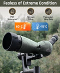 20 To 60x80 ED Spotting Scope With HD Optics Dual Focusing Fog Proof Waterproof in rainy outdoor setting.