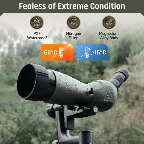 20 To 60x80 ED Spotting Scope With HD Optics Dual Focusing Fog Proof Waterproof in rainy outdoor setting.