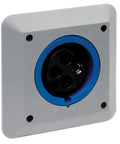 Tough As Nails 30 Amp 250 Volt 3 Pole 4 Wire Grounding Pin And Sleeve Wall Mount Receptacle close-up view with blue trim.