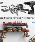 Heavy Duty Garage Tools Storage With Charging Station And Drill Holder Wall Rack Utility Shelf With Eight Outlet Power Strip Metal Tool Organizer For Batteries And Cordless Drills Fast Access For A Tidy Shop, showing organized tools and drills on the rack