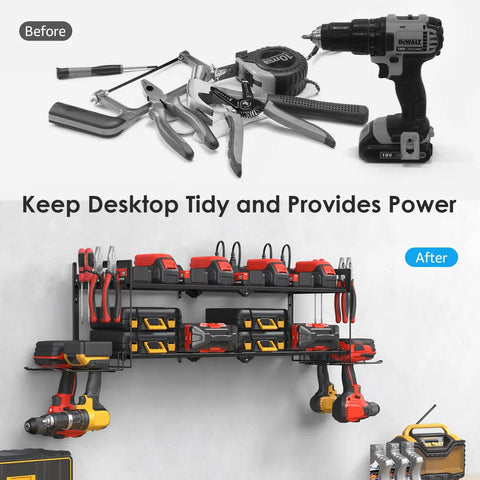 Heavy Duty Garage Tools Storage With Charging Station And Drill Holder Wall Rack Utility Shelf With Eight Outlet Power Strip Metal Tool Organizer For Batteries And Cordless Drills Fast Access For A Tidy Shop, showing organized tools and drills on the rack