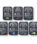 Image showing 7 die sets of Interchangeable Ratcheting Terminal Crimper Set with inscribed terminal specifications.