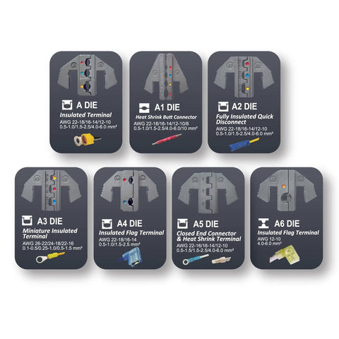 Image showing 7 die sets of Interchangeable Ratcheting Terminal Crimper Set with inscribed terminal specifications.