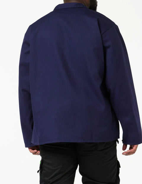 Back view of FN930C 30 Inch 9oz Navy Flame Resistant Cotton Welding Jacket Workhorse For Welders with Welder Collar, Size L-XL