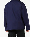 Back view of REVCO FN9 30C 30 Inch Navy Flame Resistant Cotton Welding Jacket 9 Oz FR Fabric with leather collar, Size Large