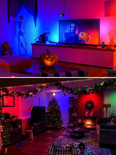 Indoor LED Spotlight 3W Accent Light for Plants and Artwork illuminating a festive Halloween and Christmas living room setting