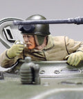 Close-up of soldier figure in One Forty Eight Scale US Medium Tank M4A3E8 Sherman Plastic Model Kit turret.