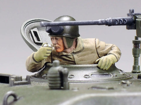 Close-up of soldier figure in One Forty Eight Scale US Medium Tank M4A3E8 Sherman Plastic Model Kit turret.