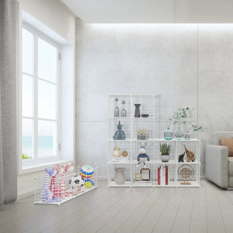 Freely Combinable 12 Cube Wire Storage Organizer Shelf for books, toys, plants, and pets in a modern living room