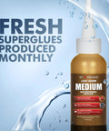 Light Brown Medium CA Glue Pro Kit 2 Oz for Woodworking Woodturning Carpentry and Furniture Repair Crack Filling Guitar Repair DIY Hobby Projects Knot Filler Premium Cyanoacrylate Adhesive bottle with splash effect