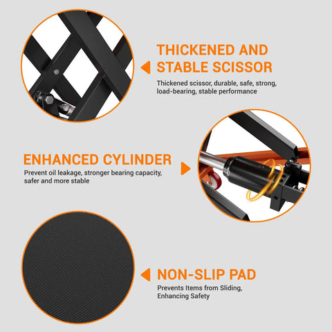 Rock Solid Hydraulic Lift Table Cart Featuring Single Scissor Platform Designed To Haul Serious Weight Up To 1100Lbs Rust Resistant Steel Build Plus Smooth Swivel Casters That Roll Through Any Tight Space Finished Bright Orange