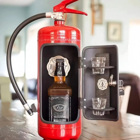 Fire Extinguisher Shaped Liquor Dispenser Mini Metal Bar Accessory with open door showing bottle and glasses