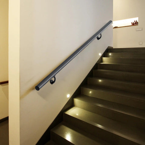 7FT Modern Aluminum Wall Mount Handrail Matte Black on indoor staircase with lights, providing support and safety.
