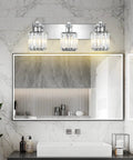 Three Light Crystal Bathroom Vanity Light in Chrome Finish, Modern Wall Fixture, sleek crystal lampshades over bathroom mirror