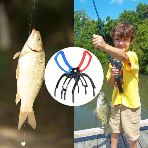 Boy fishing holding 3 Claw Fish Gripper With Metal Pliers No Finger Pricks Secure Catch Control Clamp Hook Remover Tool Fishing