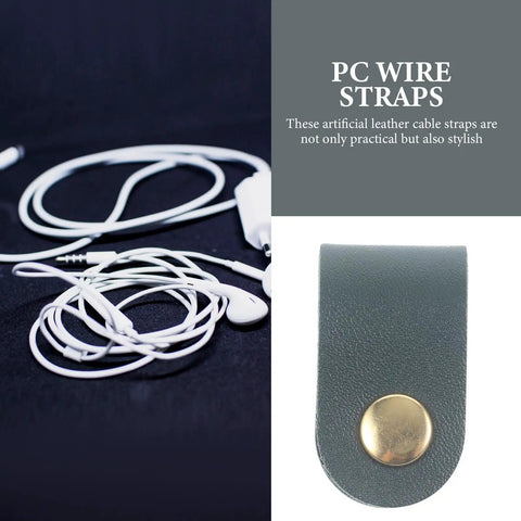 Premium Faux Leather Cable Organizer Straps For Earphones And Usb Cables on black background with white earphones.