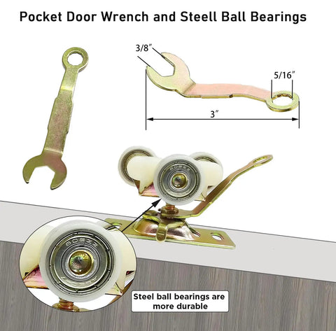 Pocket door wrench and steel ball bearings for Two Pack Sliding Pocket Door Rollers Replacements Top Hanger Kit