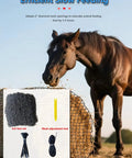 Horse eating from Heavy Duty Slow Feeding Horse Hay Net 5 By 5 Ft 1.75 Inch Knotless Mesh Reduces Hay Waste 60 Percent Weatherproof