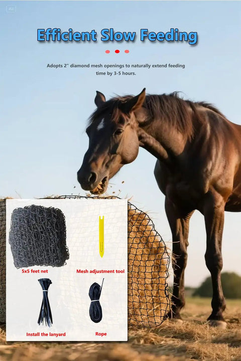 Horse eating from Heavy Duty Slow Feeding Horse Hay Net 5 By 5 Ft 1.75 Inch Knotless Mesh Reduces Hay Waste 60 Percent Weatherproof