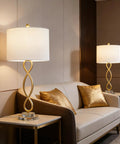 Dope Gold 30 Inch Table Lamps Set of 2 in living room, modern skinny design with crystal base, white fabric shade, beside sofa