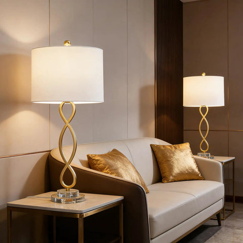 Dope Gold 30 Inch Table Lamps Set of 2 in living room, modern skinny design with crystal base, white fabric shade, beside sofa