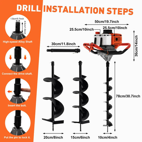 Gas Powered 52cc Earth Auger Post Hole Digger With 12 Inch Extension Bar And 4 Inch 6 Inch And 8 Inch Bits installation diagram