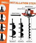 Diagram of Beefy 52cc Gas Powered Post Hole Digger With additional earth auger, drill bits, and extension bar installation steps.