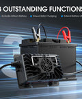 Heavy Hitter 12V 20A LiFePO4 Battery Charger connected to a lithium battery, showing charging clamps and features.