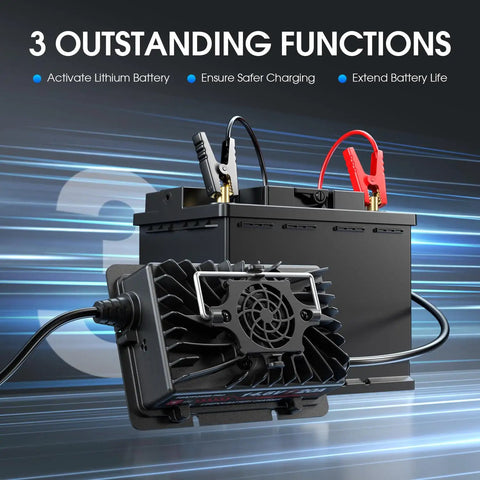 Heavy Hitter 12V 20A LiFePO4 Battery Charger connected to a lithium battery, showing charging clamps and features.