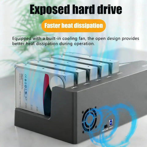 Slick 5 Bay Hard Drive Dock For 2.5 And 3.5 Inch Ssd And Hdd with cooling fan for improved heat dissipation and storage efficiency.