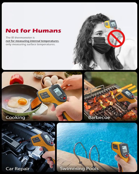 Non Contact Infrared Thermometer Gun For Quick Surface Readings Handheld Digital Temperature Tool in various uses.