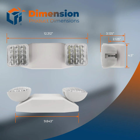 LED Emergency Light With Battery Backup For Biz, UL 924 Listed, Damp Location Rated, white housing with dimensions shown