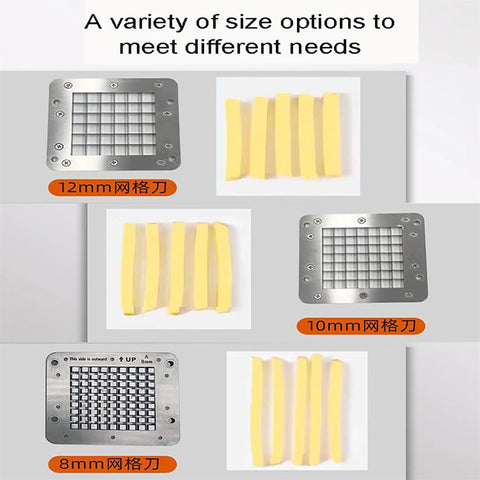 Professional Electric Potato Chip Cutter And Commercial French Fry Slicer Machine Made With Durable Stainless Steel Blade For Home Kitchen Business Use 10mm Cut Size options displayed.