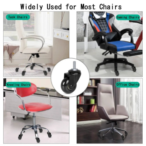 Heavy Duty Office Chair Casters Replacement Five Pack With Smooth Silent Swivel Glide For Hardwood Floors Universal Fit Desk Chair Wheels Easy Install Setup Roll Like Butter Every Time shown with various chair types.