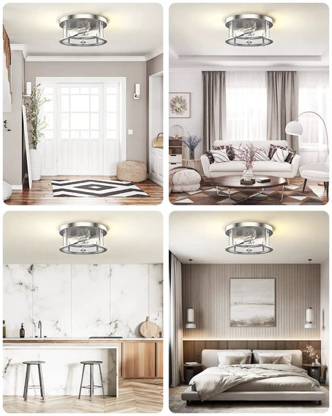 2 Light Farmhouse Rustic Flush Mount Ceiling Light Fixture With Clear Glass Shade And Brushed Nickel Finish in various rooms