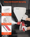 Professional Air Texture Spray Gun With 1.45 Gallon Hopper And Swappable Nozzles For Straight Up Smooth Popcorn Knockdown And Orange Peel Drywall Texturing That Works Like A Charm, showing the ergonomic grip, lockable trigger, and wide hopper.