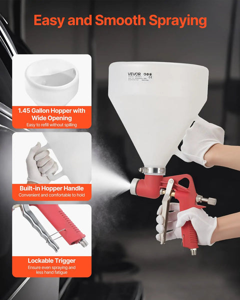 Professional Air Texture Spray Gun With 1.45 Gallon Hopper And Swappable Nozzles For Straight Up Smooth Popcorn Knockdown And Orange Peel Drywall Texturing That Works Like A Charm, showing the ergonomic grip, lockable trigger, and wide hopper.