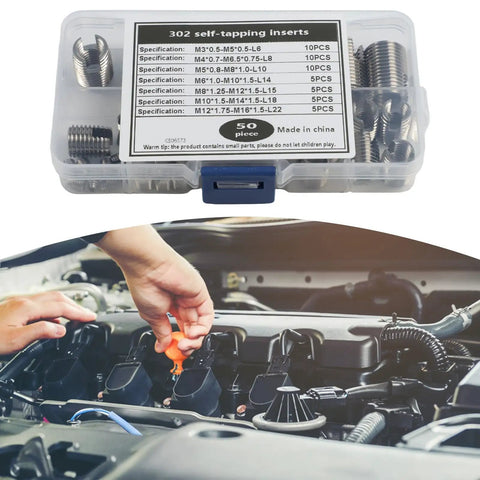 50 Piece Stainless Steel Self Tapping Thread Inserts Kit For Plastic And Metal Repair With Elastic Shock Resistant Coil And Wire Thread Reinforcement DIY Friendly, plastic case and engine repair use