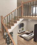 Top Shelf Metal Balusters and Staircase Spindles Measuring Thirty Seven Inches Tall for Deck Railings, Clean Black Gold Finish, Heavy Duty Anti Rust Steel Posts, No Sweat Floor Mounting with Adjustable Brackets, No Brainer for Lofts and Porches, showcased in stylish staircase design.