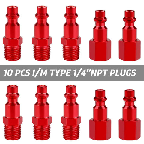 One Quarter Inch Air Compressor Fittings Kit With Universal Coupler, 14-Piece Must-Have Air Tool Accessory Set, red plugs